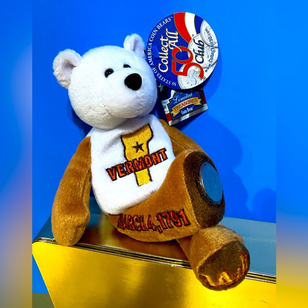 LIMITED TREASURES NWT VERMONT STATE COIN #14 BEAR PLUSH TAGS & STATE QUARTER 8”
